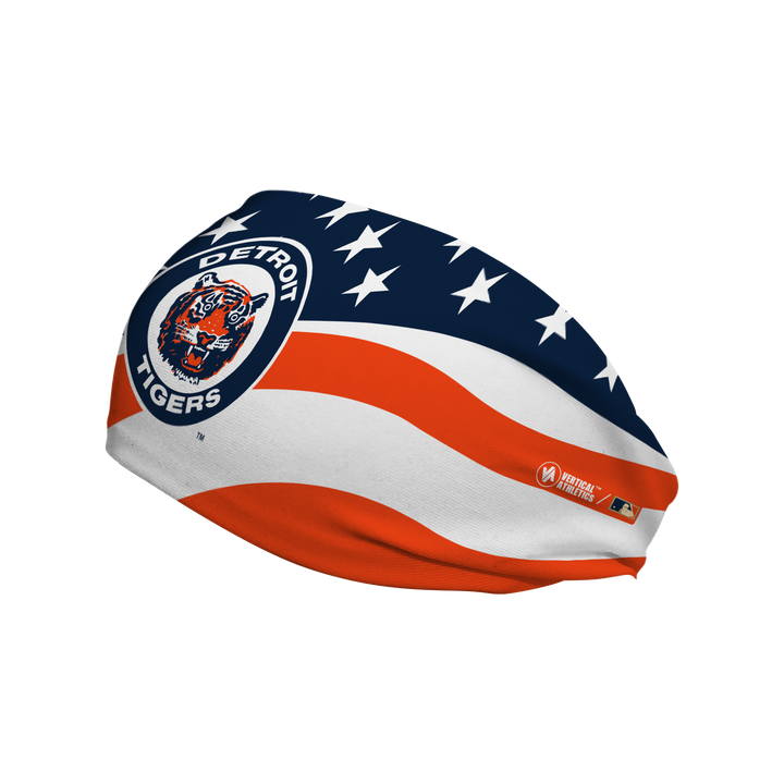 MLB Detroit Tigers Stars and Stripes cooling headband with Coop Logo. Made in USA, Vertical Athletics brand.  