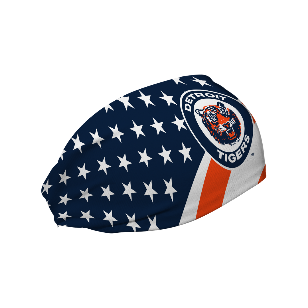 MLB Detroit Tigers Stars and Stripes cooling headband with Coop Logo. Made in USA, Vertical Athletics brand.  