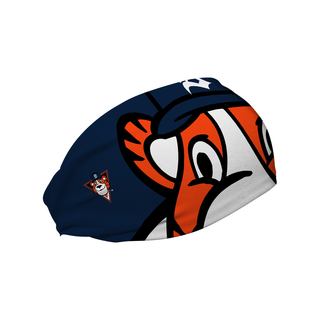 MLB Detroit Tigers cooling headband with Paws mascot stare. Made in USA, Vertical Athletics brand. 