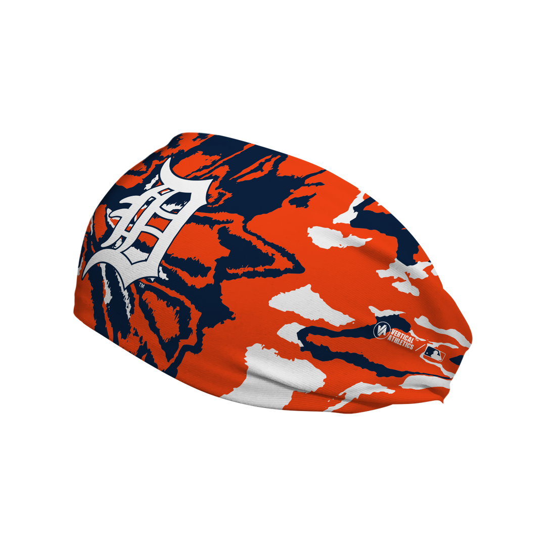 Side view of Detroit Tigers Team Tie-Dye headband with cap logo. Made in USA, Vertical Athletics brand. 