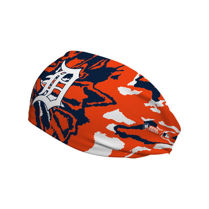 Side view of Detroit Tigers Team Tie-Dye headband with cap logo. Made in USA, Vertical Athletics brand. 