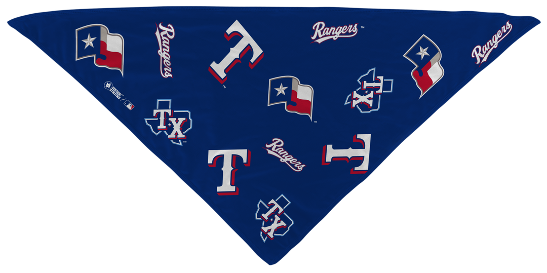 MLB Texas Rangers cooling triangle bandana with logos all over. Made in USA, Vertical Athletics brand.  