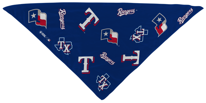 MLB Texas Rangers cooling triangle bandana with logos all over. Made in USA, Vertical Athletics brand.  