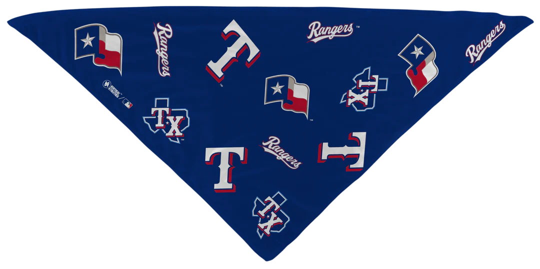 MLB licensed Texas Rangers Triple Play Cooling Bundle: Cooling Triangle Bandana with All Over logo. Made in USA. Vertical Athletics Brand. 
