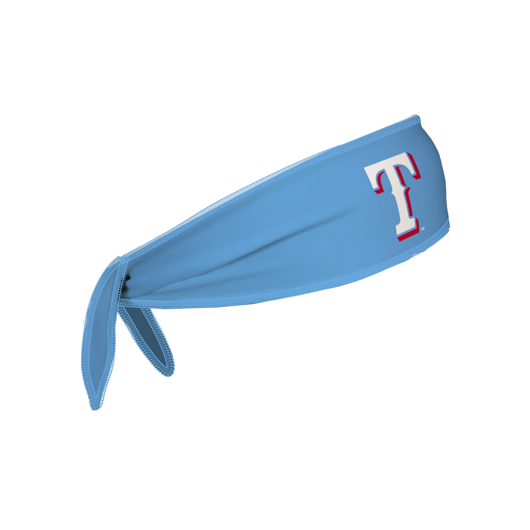 MLB Texas Rangers reversible tieback cooling headband with Cap Logo and Repeating Mascot. Made in the USA, Vertical Athletics brand.