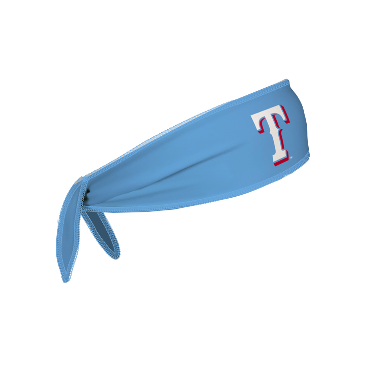 MLB Texas Rangers reversible tieback cooling headband with Cap Logo and Repeating Mascot. Made in the USA, Vertical Athletics brand.