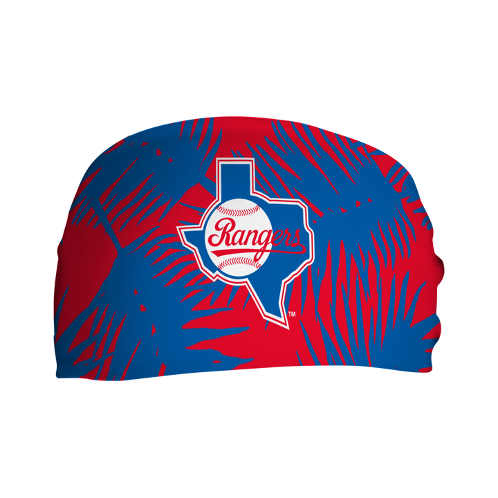 MLB licensed Texas Rangers cooling headband with coop big palm. Made in the USA, Vertical Athletics brand.