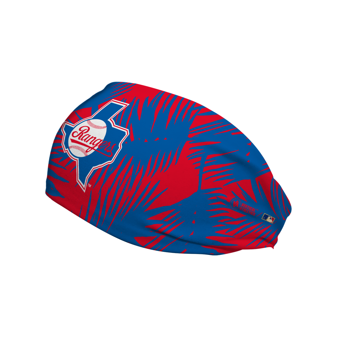 MLB licensed Texas Rangers cooling headband with coop big palm. Made in the USA, Vertical Athletics brand.