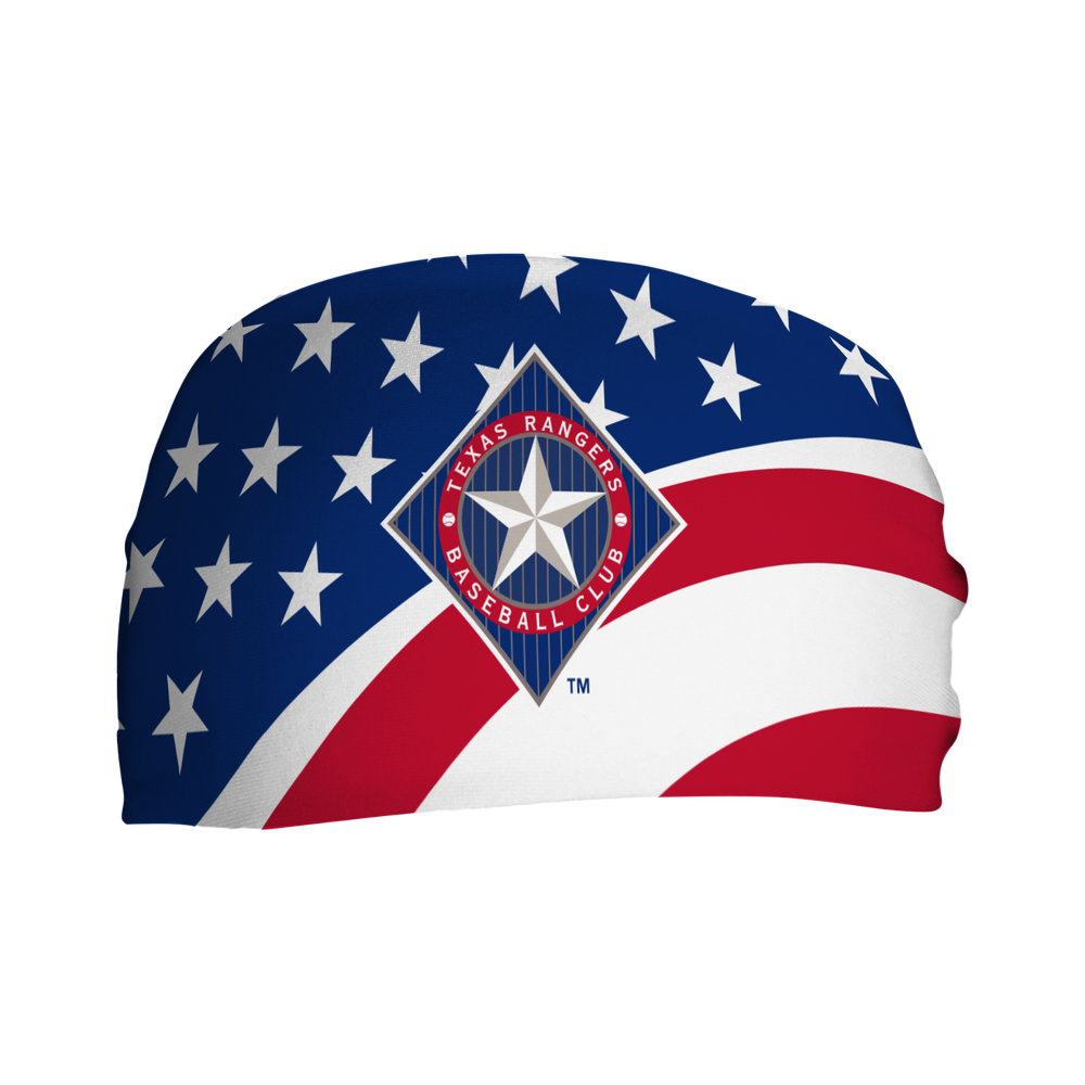 MLB Texas Rangers Stars and Stripes cooling headband with Coop Logo. Made in USA, Vertical Athletics brand. 
