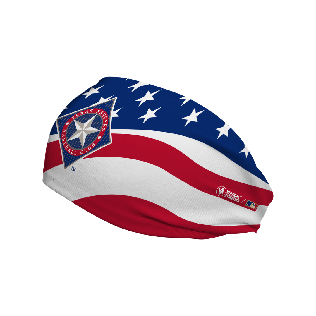 MLB Texas Rangers Stars and Stripes cooling headband with Coop Logo. Made in USA, Vertical Athletics brand. 