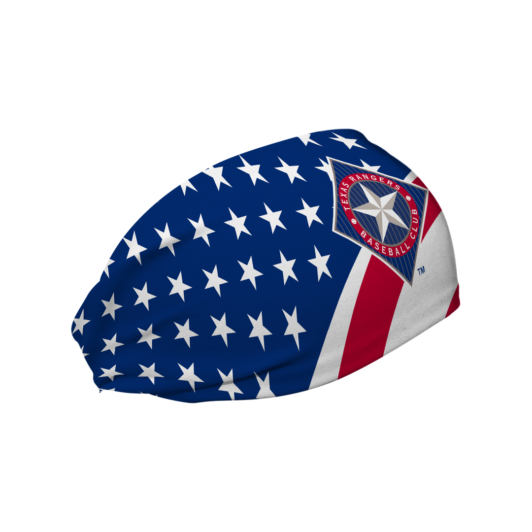 MLB Texas Rangers Stars and Stripes cooling headband with Coop Logo. Made in USA, Vertical Athletics brand. 
