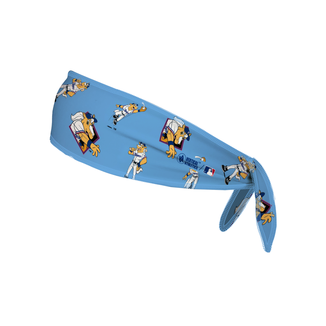 MLB Texas Rangers reversible tieback cooling headband with Cap Logo and Repeating Mascot. Made in the USA, Vertical Athletics brand.