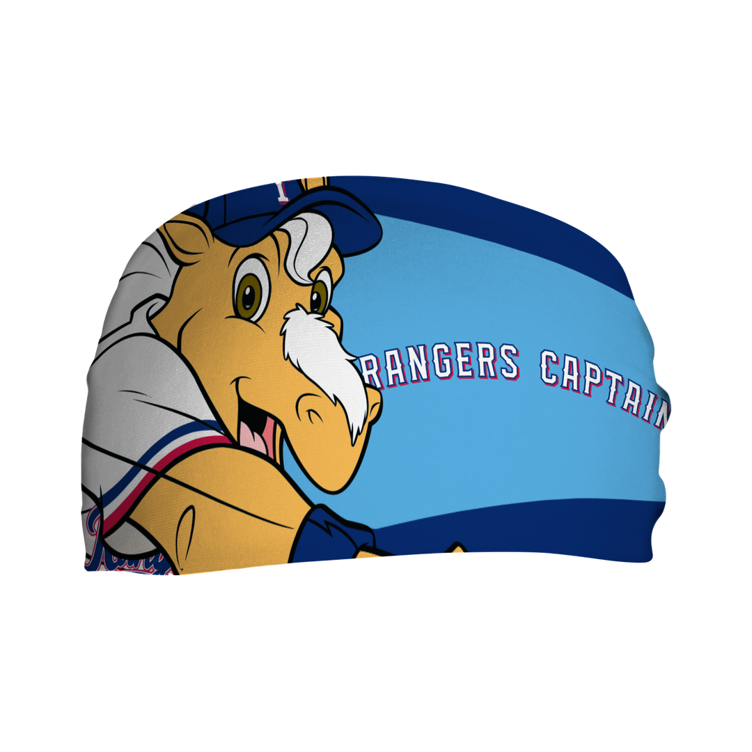MLB Texas Rangers cooling headband with Mascot Nameplate. Made in USA, Vertical Athletics brand.