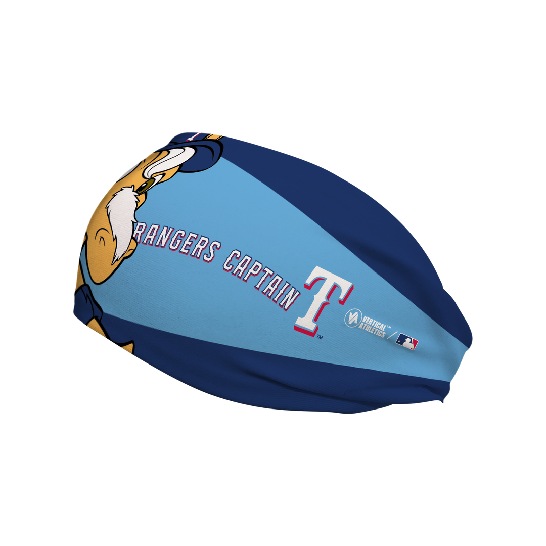 MLB Texas Rangers cooling headband with Mascot Nameplate. Made in USA, Vertical Athletics brand.