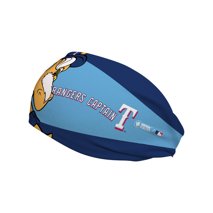 MLB Texas Rangers cooling headband with Mascot Nameplate. Made in USA, Vertical Athletics brand.
