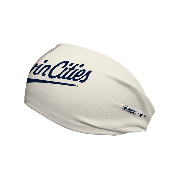 Side view of Minnesota Twins cream cooling headband with alt wordmark logo. Made in USA, Vertical  Athletics brand.  