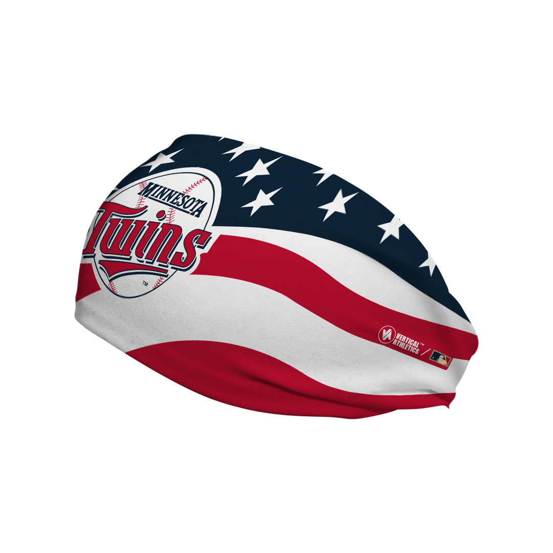 MLB Minnesota Twins Stars and Stripes cooling headband with Coop Logo. Made in USA, Vertical Athletics brand.  