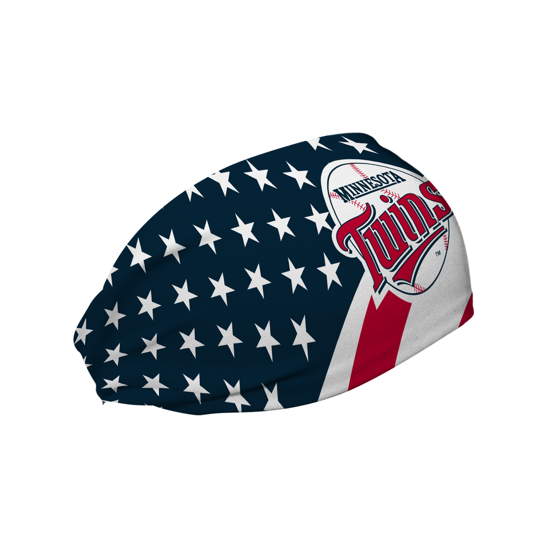 MLB Minnesota Twins Stars and Stripes cooling headband with Coop Logo. Made in USA, Vertical Athletics brand.  