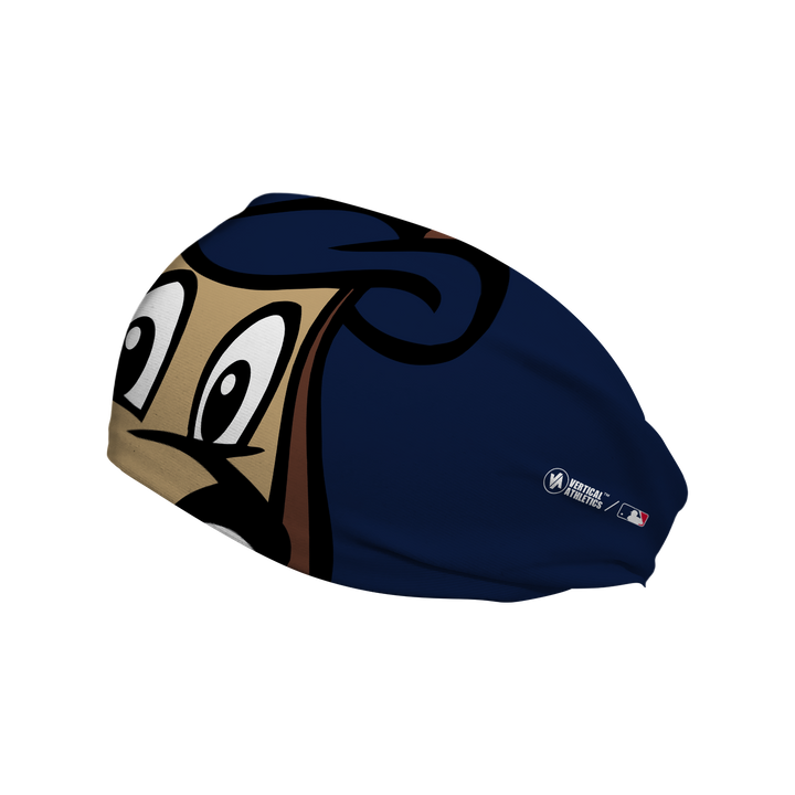 Side view of MLB Minnesota Twins headband with T.C. Bear mascot stare. Made in USA, Vertical Athletics brand.  