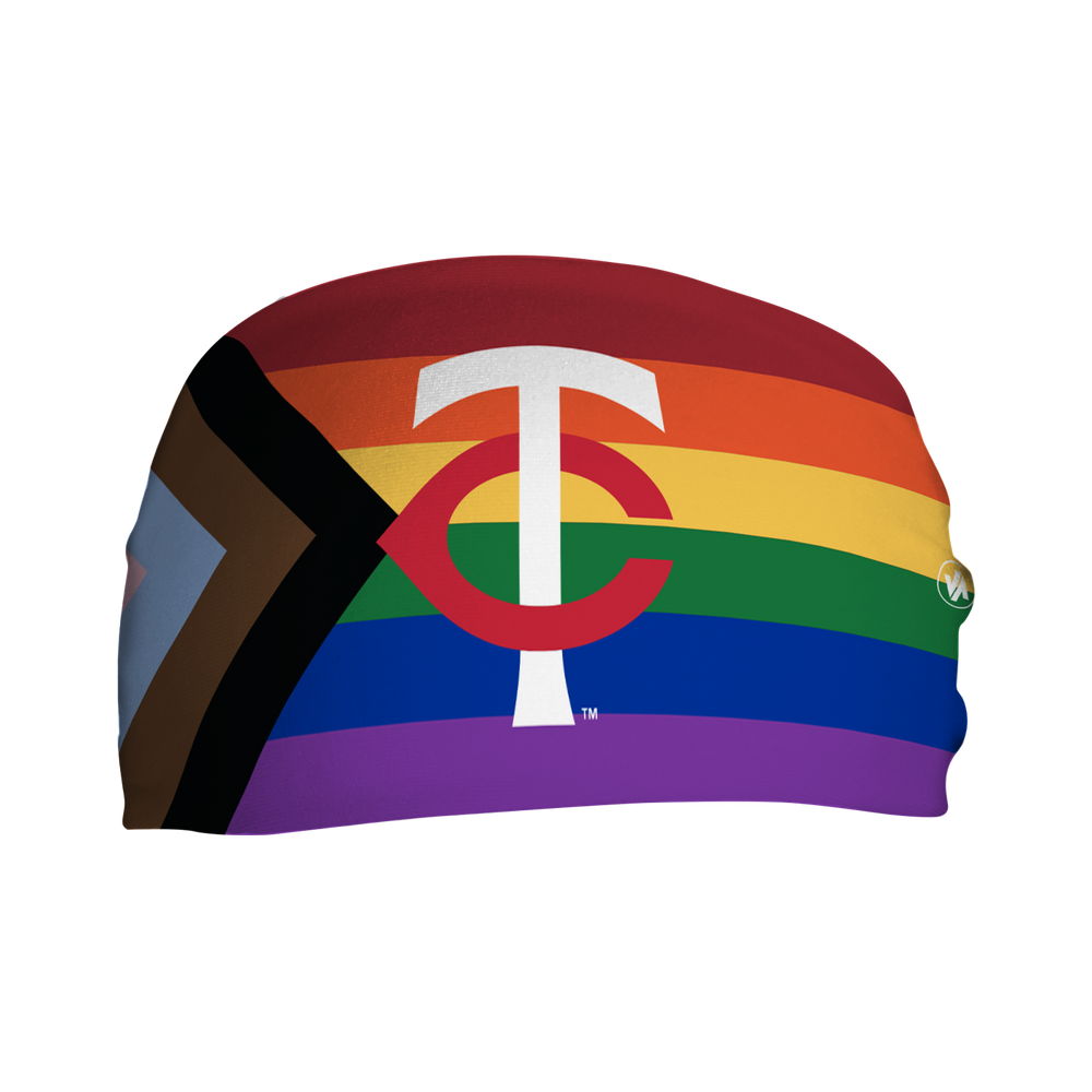 Minnesota Twins cooling headband with Progressive Pride Flag Cap Logo. Made in USA, Vertical Athletics brand.