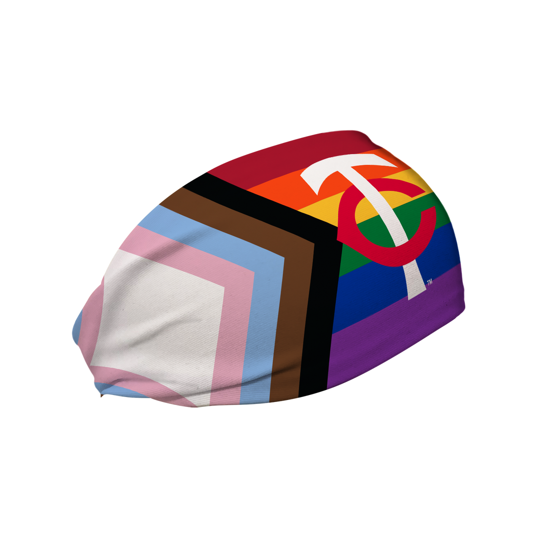 Minnesota Twins cooling headband with Progressive Pride Flag Cap Logo. Made in USA, Vertical Athletics brand.