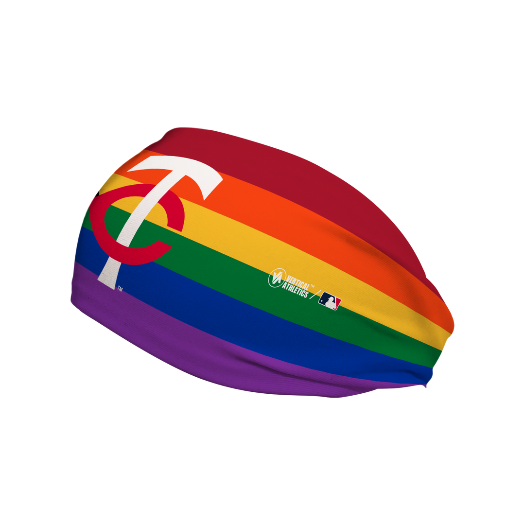 Minnesota Twins cooling headband with Progressive Pride Flag Cap Logo. Made in USA, Vertical Athletics brand.