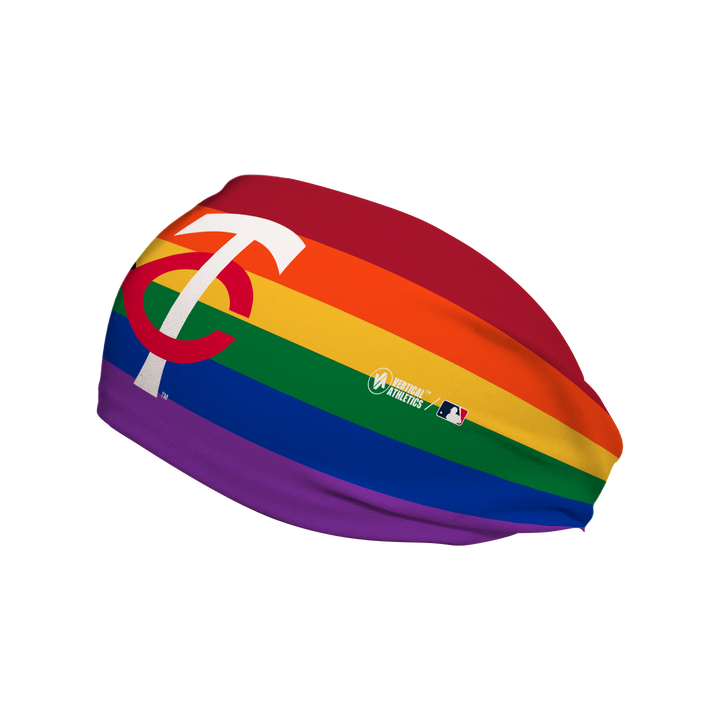 Minnesota Twins cooling headband with Progressive Pride Flag Cap Logo. Made in USA, Vertical Athletics brand.