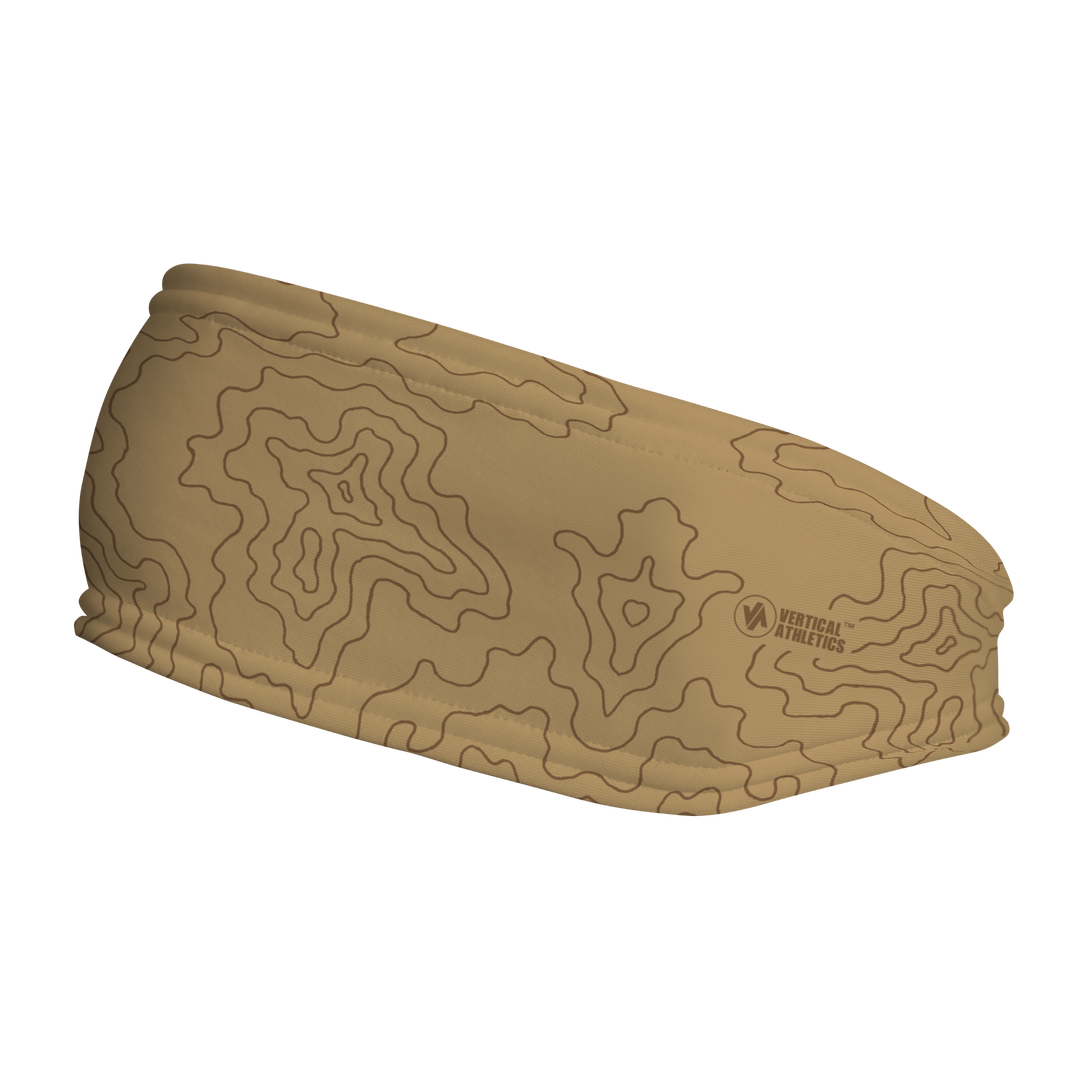 Fashion Fleece Headband with Tan Topo Map. Made in the USA, Vertical Athletics brand.