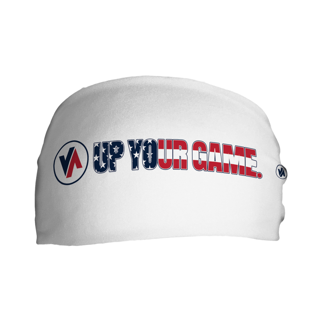 Front view of Up Your Game headband. Made in USA, Vertical Athletics brand.  Not a Junk headband.
