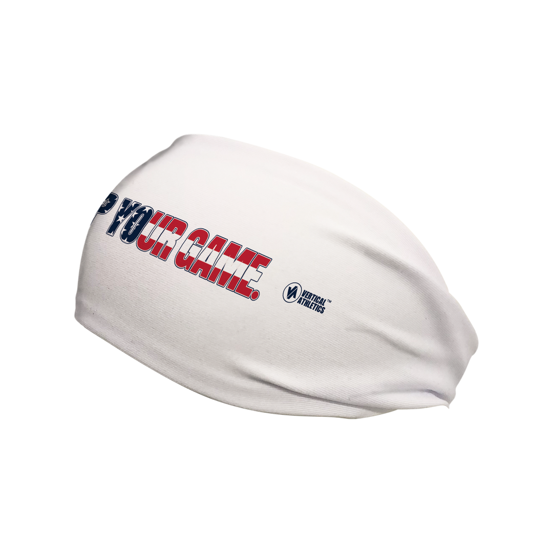 Side view of Up Your Game headband. Made in USA, Vertical Athletics brand.