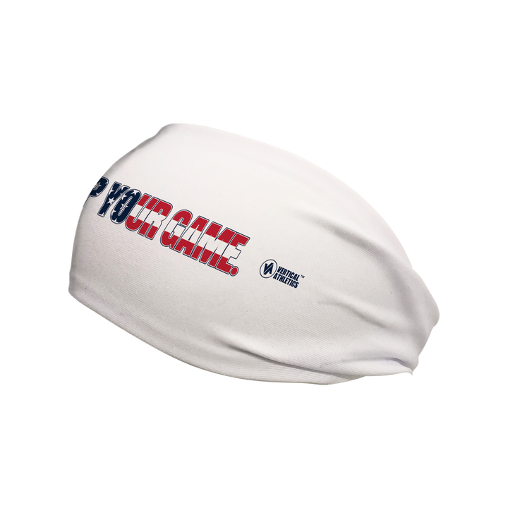 Side view of Up Your Game headband. Made in USA, Vertical Athletics brand.