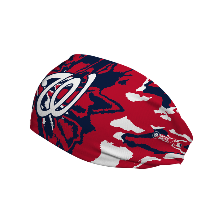 Side view of MLB Washington Nationals Tie-Dye headband with cap logo. Made in USA, Vertical Athletics brand.  