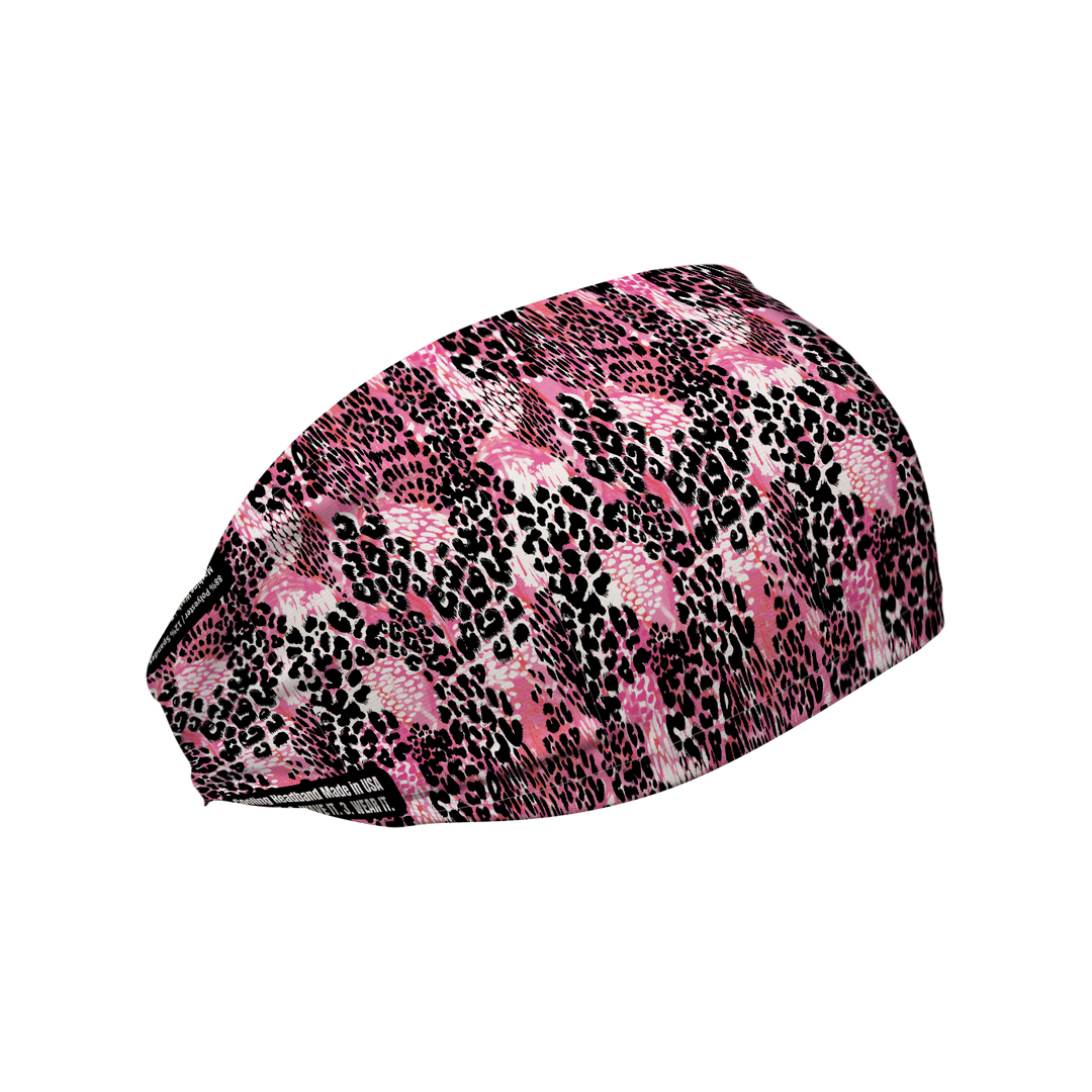 Cooling Headband with Pink Cheetah. Made in USA, Vertical Athletics brand.