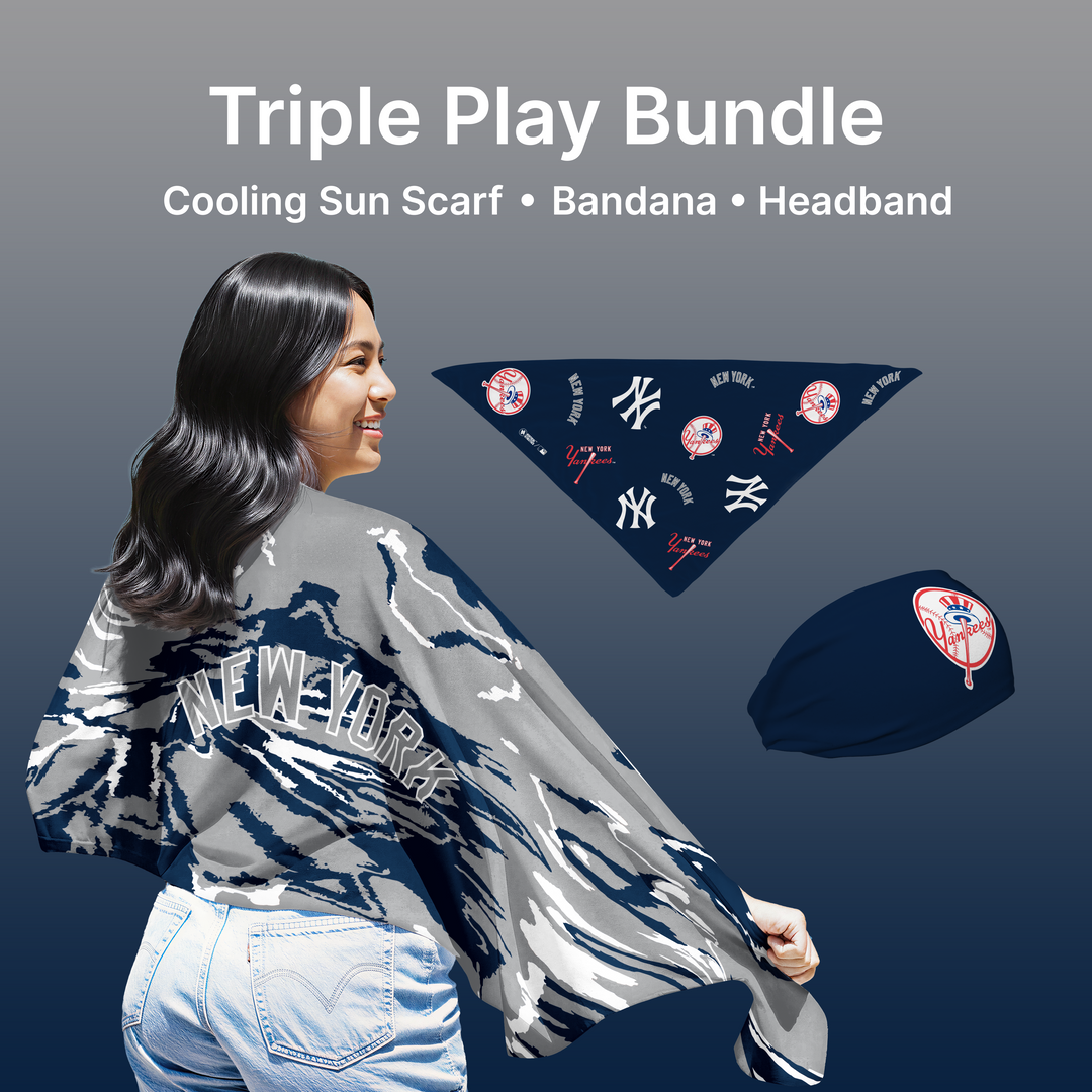 MLB licensed New York Yankees Triple Play Cooling Bundle: Cooling Sun Scarf + Bandana + Headband. Made in USA. Vertical Athletics Brand. 