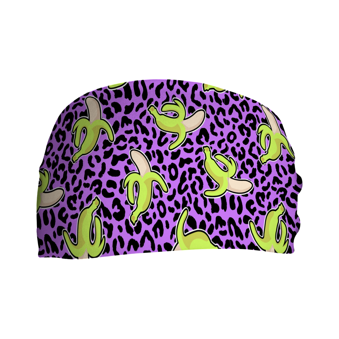 Cooling Headband with Bananas on Purple Cheetah. Made in USA, Vertical Athletics brand.