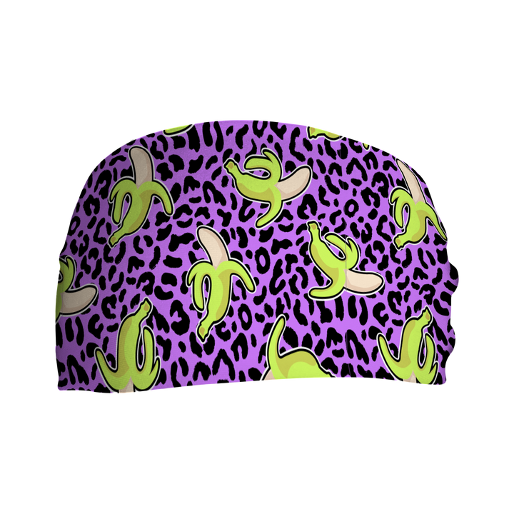 Cooling Headband with Bananas on Purple Cheetah. Made in USA, Vertical Athletics brand.