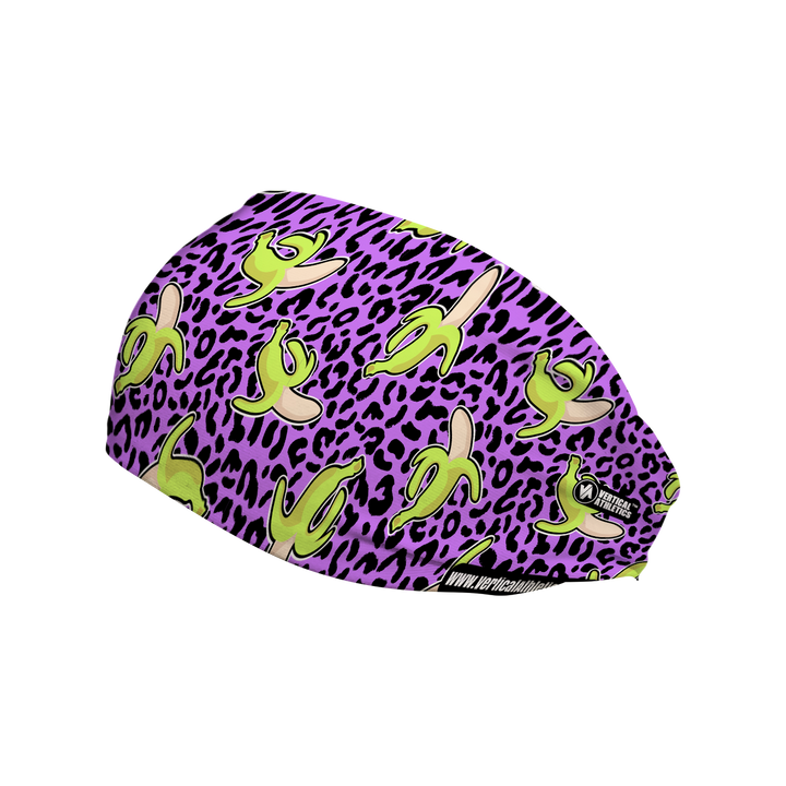 Cooling Headband with Bananas on Purple Cheetah. Made in USA, Vertical Athletics brand.