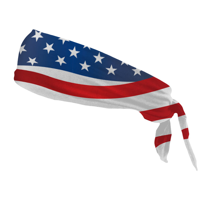 American Flag tieback headband made with Coolcore cooling fabric. This cooling fabric American flag headband cools up to 30 degrees below skin temperature when wet. Made by Vertical Athletics. 