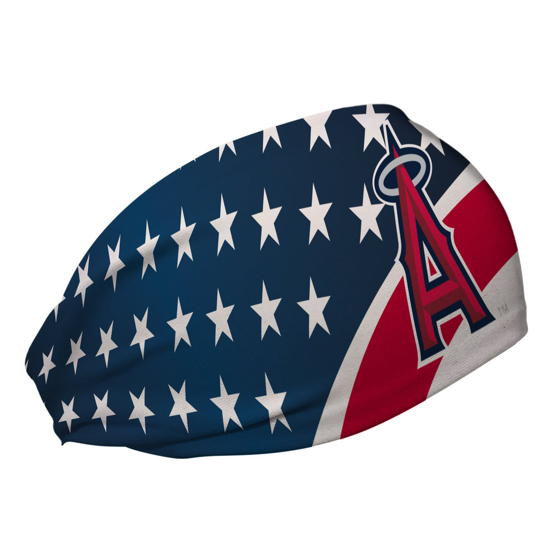 Side view of Los Angeles Angels American Flag headband with Cap Logo. Made in USA, Vertical Athletics brand.  