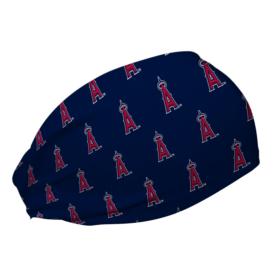 Side view of Los Angeles Angels Navy headband with Cap Logo all over. Made in USA, Vertical Athletics brand.  
