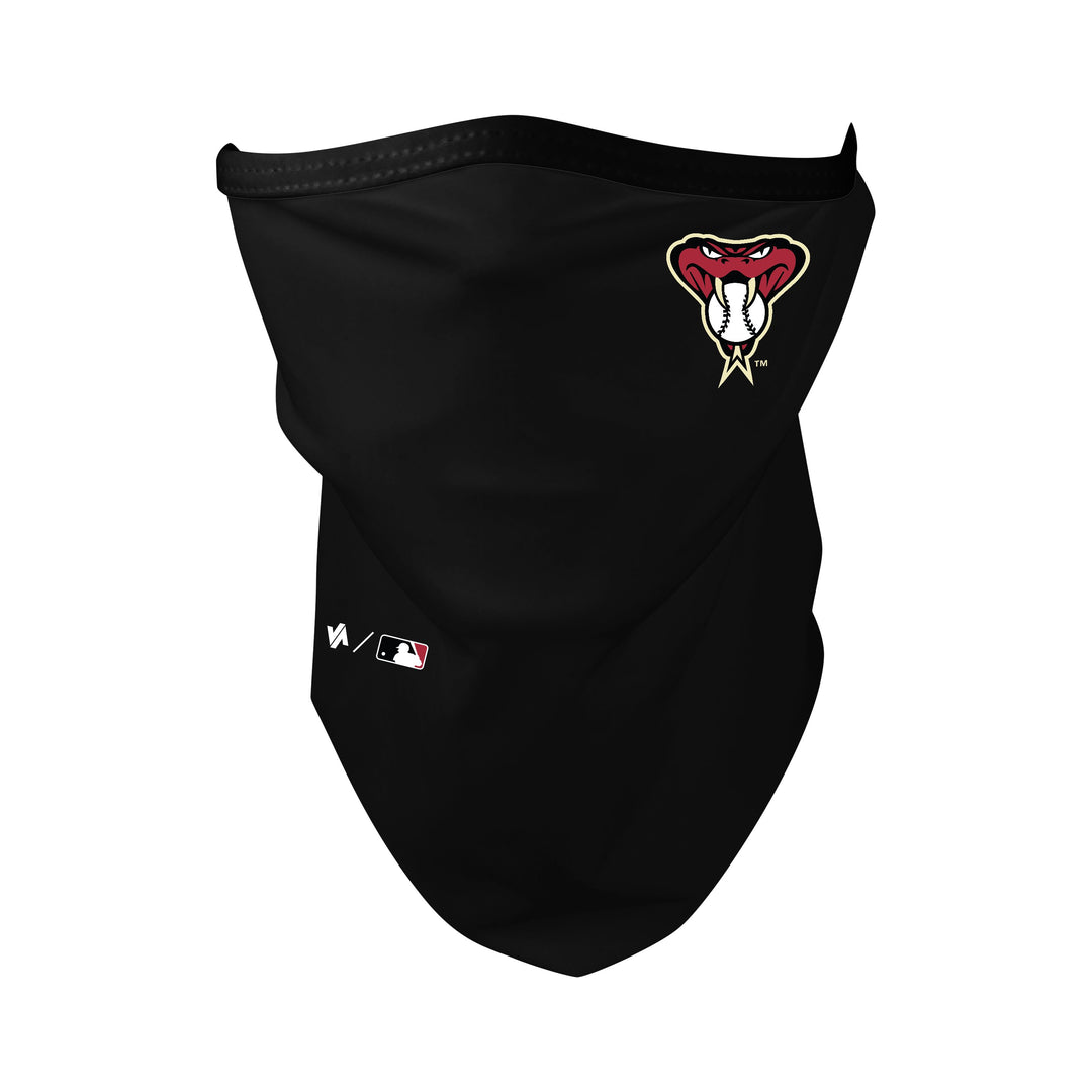 Front view of MLB Arizona Diamondbacks Black gaiter with Snake Head cap logo. Made in USA, Vertical Athletics brand. 