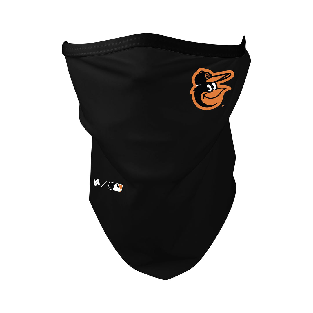 Front view of MLB Baltimore Orioles black headband with cap logo. Made in USA, Vertical Athletics brand. Not a Junk Elite Gaiter. 