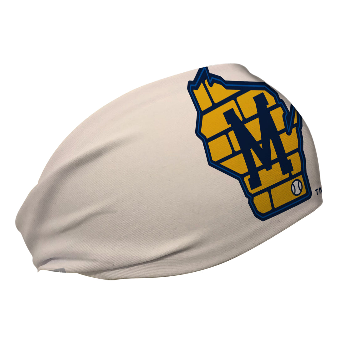 Side view of MLB Milwaukee Brewers Ivory headband with Brick cap logo. Made in USA, Vertical Athletics brand.  