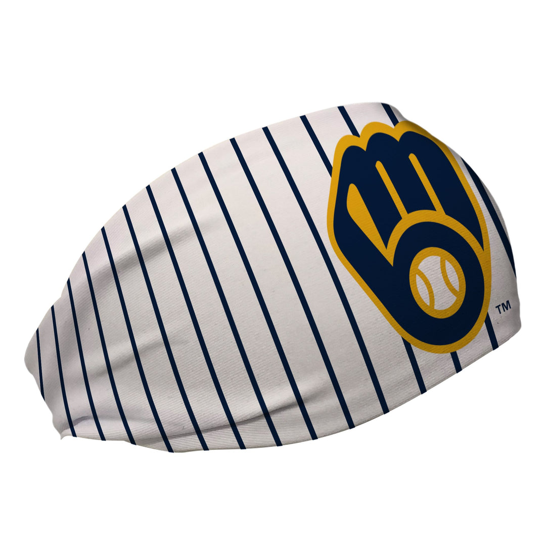 Side view of MLB Milwaukee Brewers Pinstripe headband with cap logo. Made in USA, Vertical Athletics brand.  