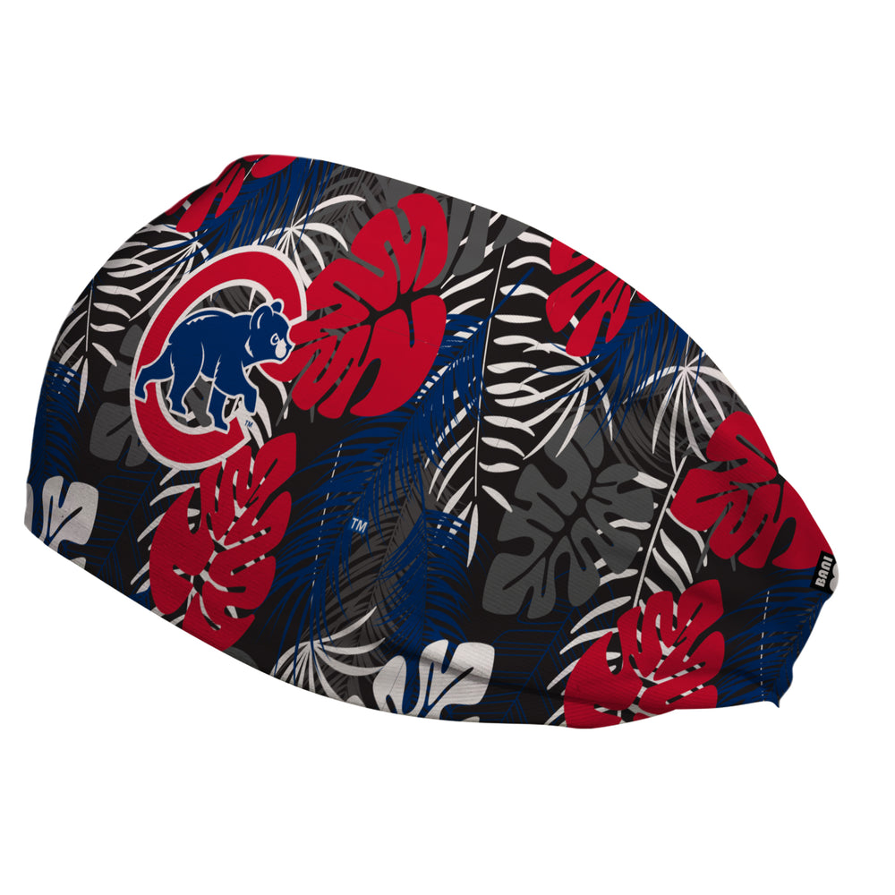 Side view of MLB Chicago Cubs tropical palm headband with cap logo. Made in USA, Vertical Athletics brand. 