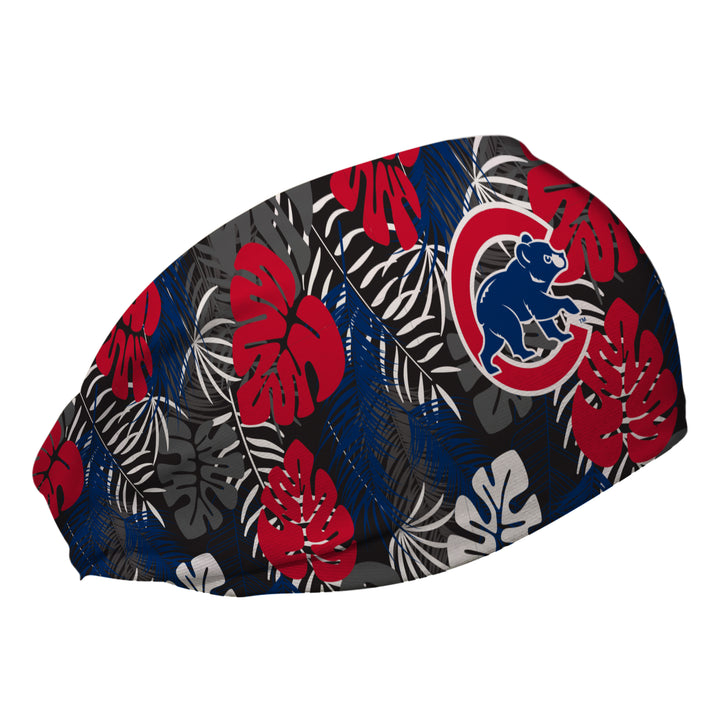 Side view of MLB Chicago Cubs tropical palm headband with cap logo. Made in USA, Vertical Athletics brand. 