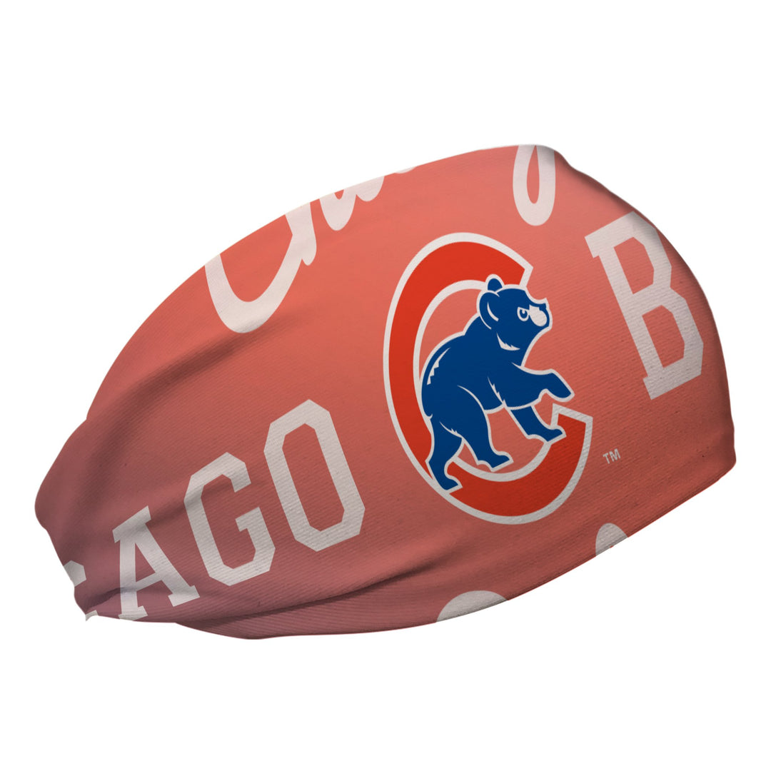 Side view of MLB Chicago Cubs peach ombre headband with cap logo. Made in USA, Vertical Athletics brand. 