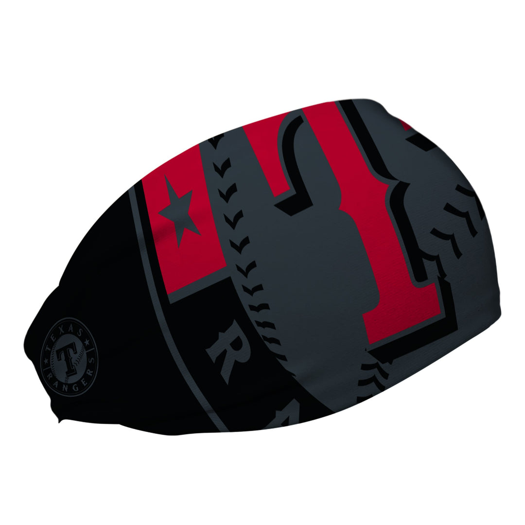 Side view of MLB Texas Rangers Blackout headband. Made in USA, Vertical Athletics brand.  