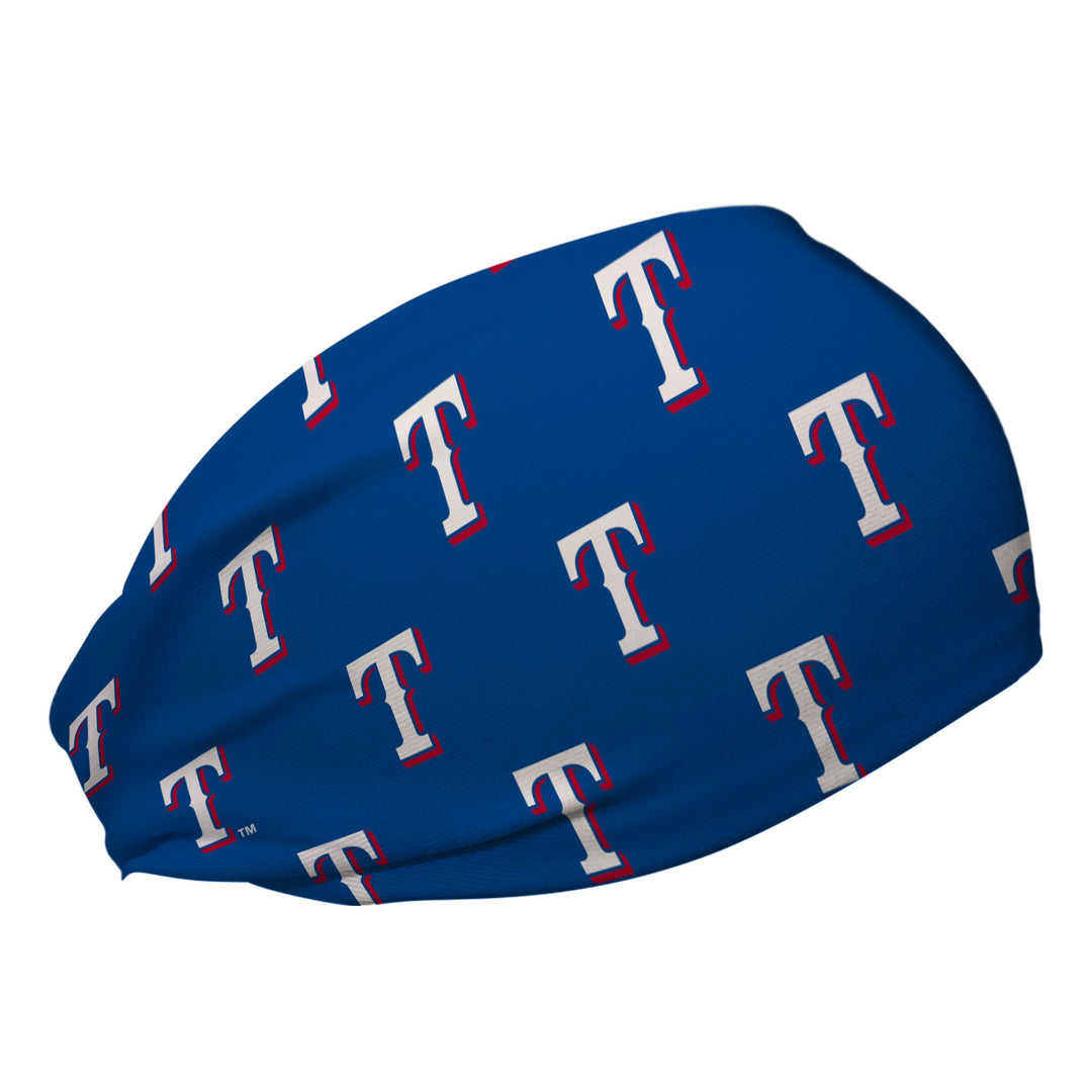 Side view of MLB Texas Rangers navy headband with cap logo all over. Made in USA, Vertical Athletics brand.  