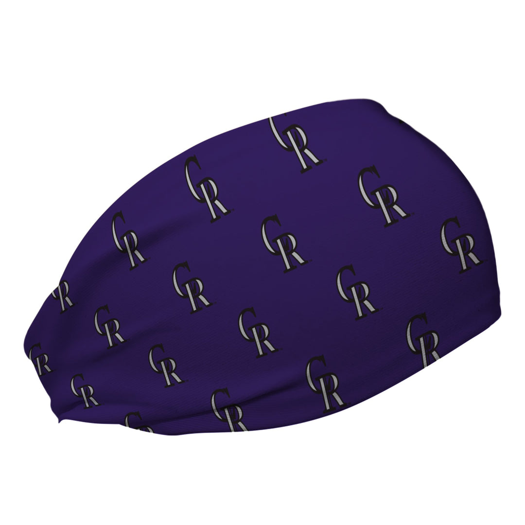 Side view of Colorado Rockies Purple  headband with alt cap logo all over. Made in USA, Vertical Athletics brand.  